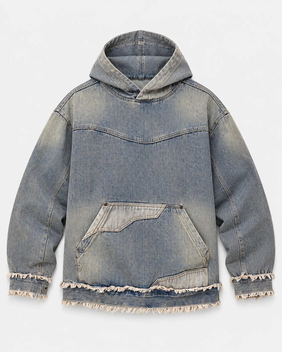 Grey Blue Frayed Pocket Denim Hoodie — AI design reference 1