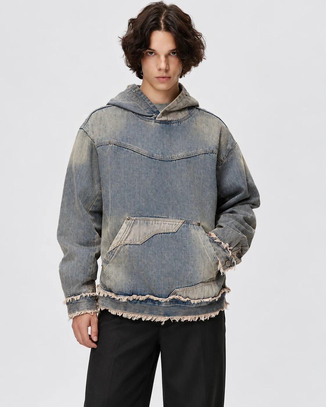 Grey Blue Frayed Pocket Denim Hoodie — AI design reference 2
