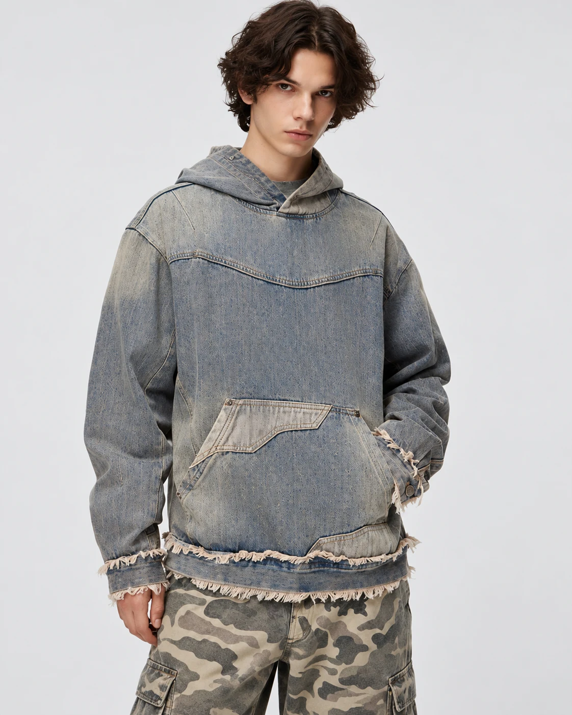 Grey Blue Frayed Pocket Denim Hoodie — AI design reference 3