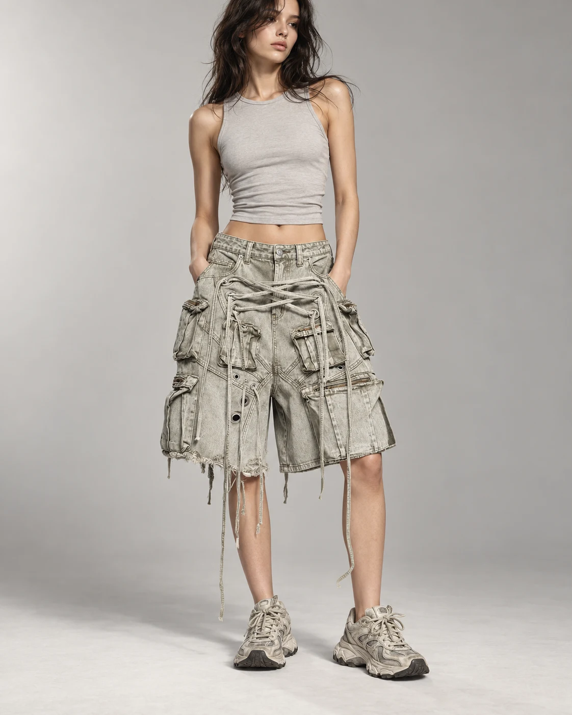 Grey Green Drawstring Cargo Shorts — AI design reference 4