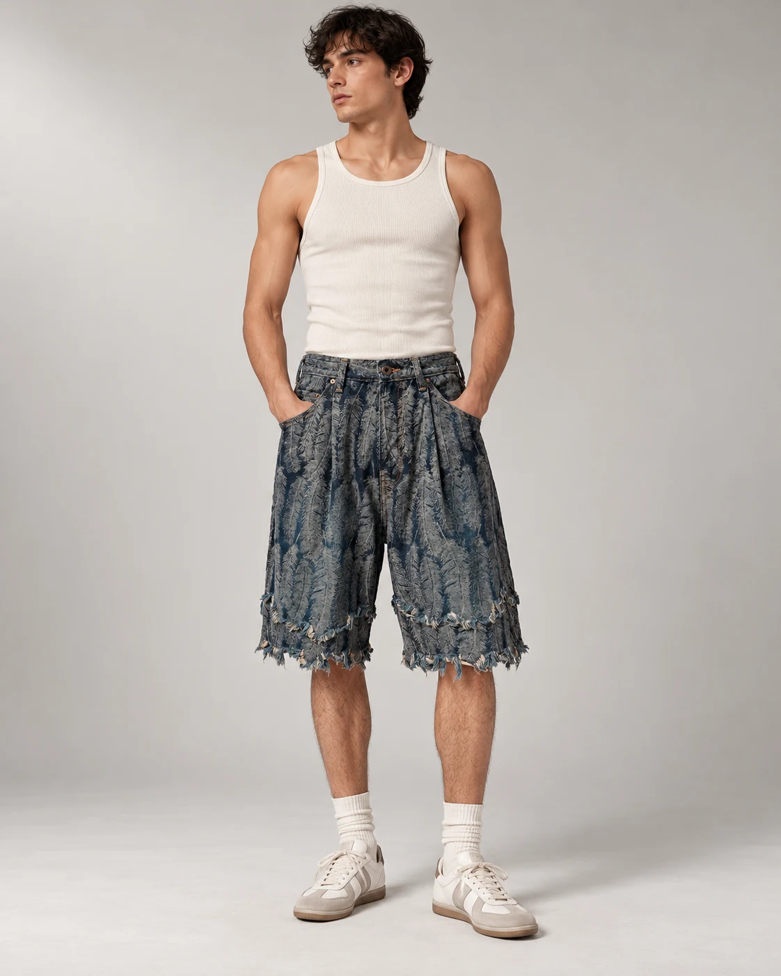 Feather Texture Frayed Denim Shorts — AI design reference 4