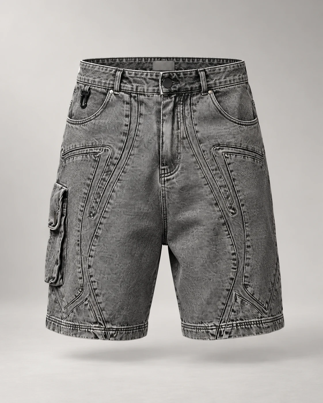 Washed Grey Panel Cargo Shorts — AI design reference 1