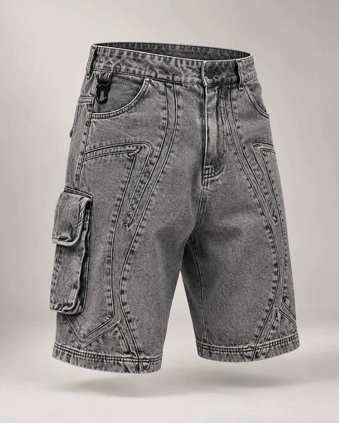 Washed Grey Panel Cargo Shorts — AI design reference 3