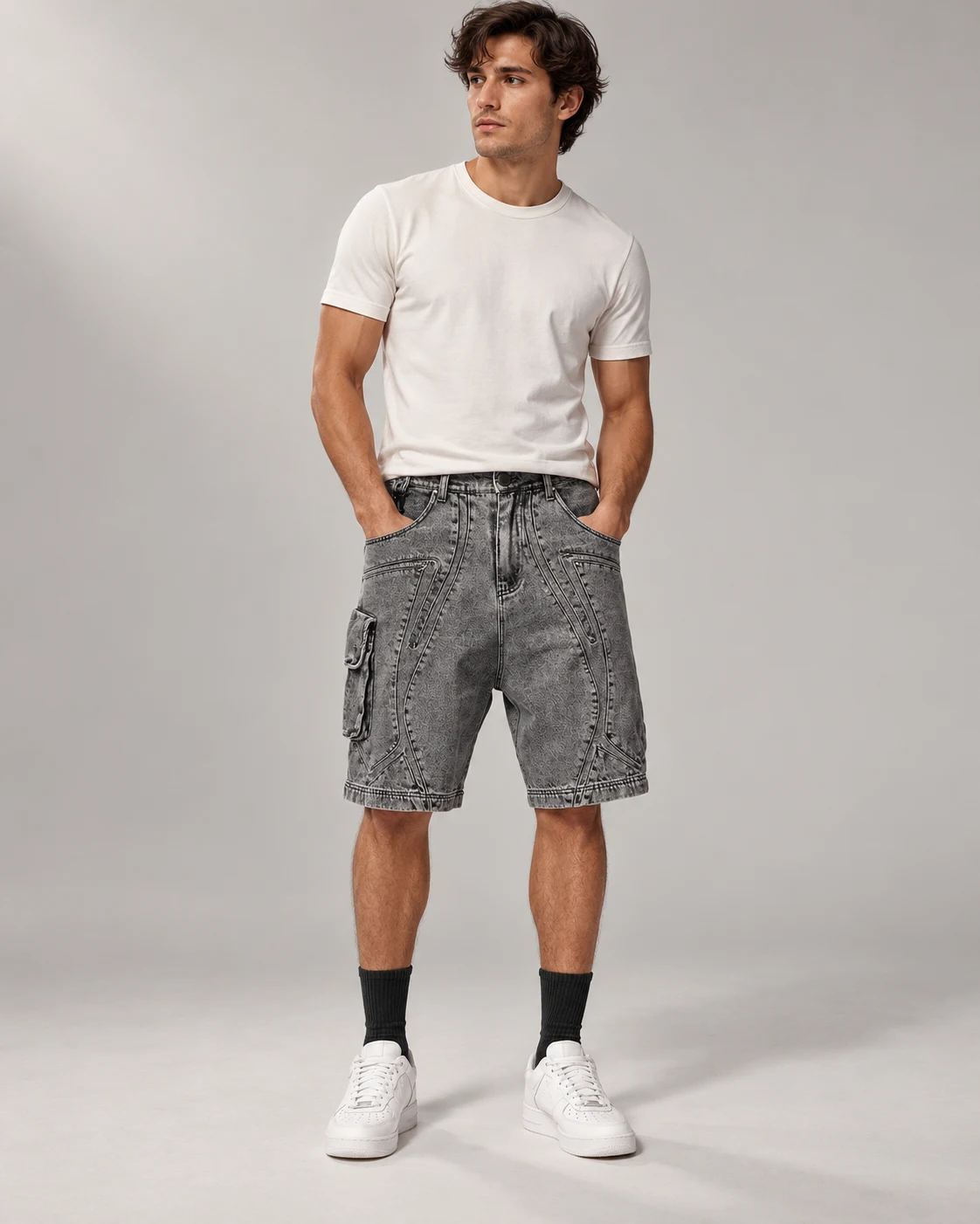 Washed Grey Panel Cargo Shorts — AI design reference 4