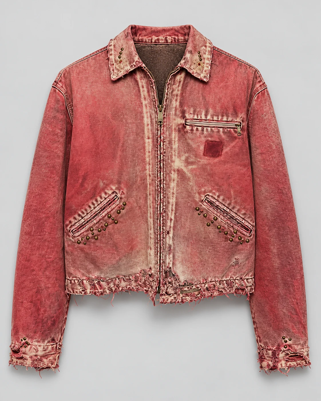 Red Studded Distressed Denim Jacket — AI design reference 1