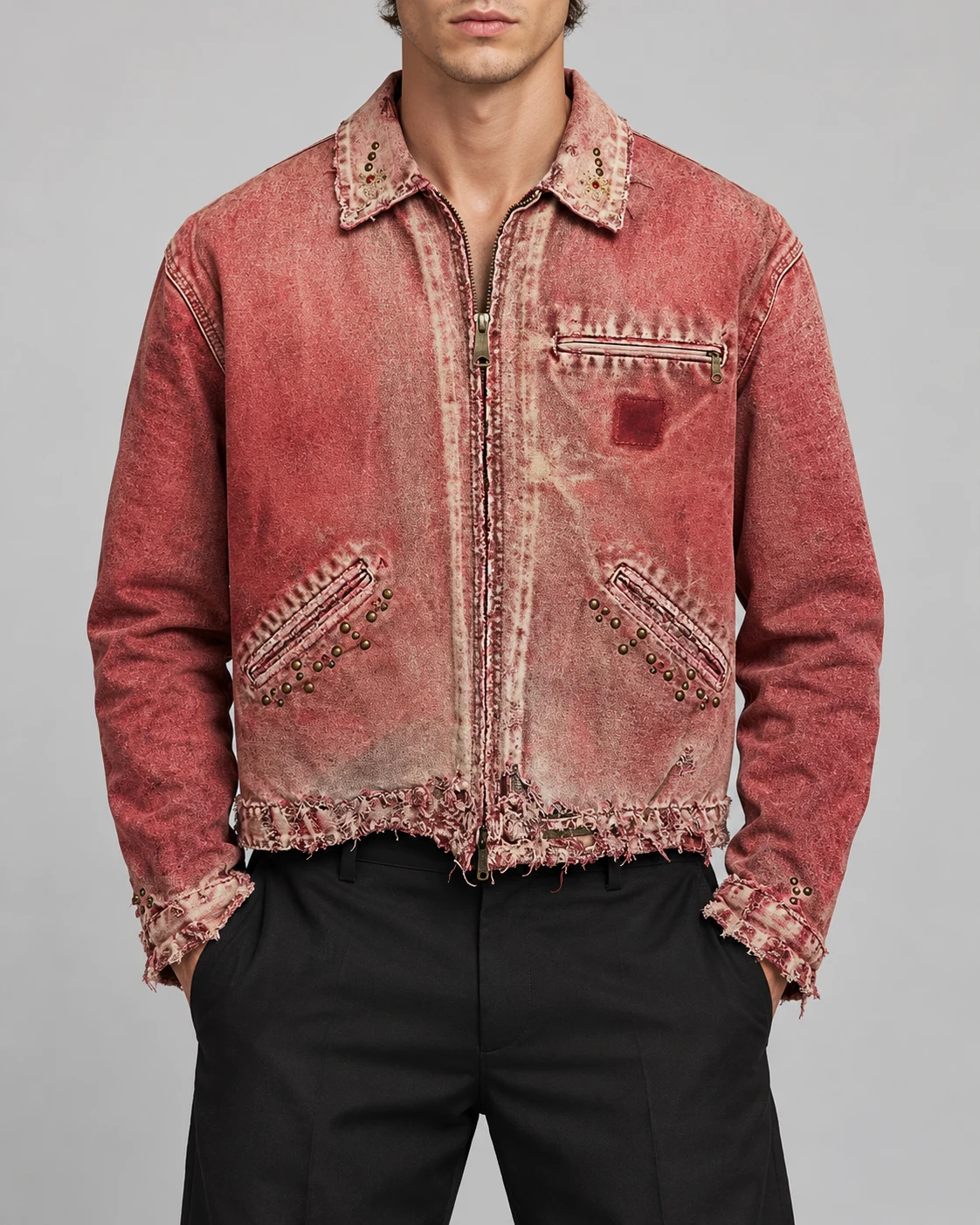 Red Studded Distressed Denim Jacket — AI design reference 2