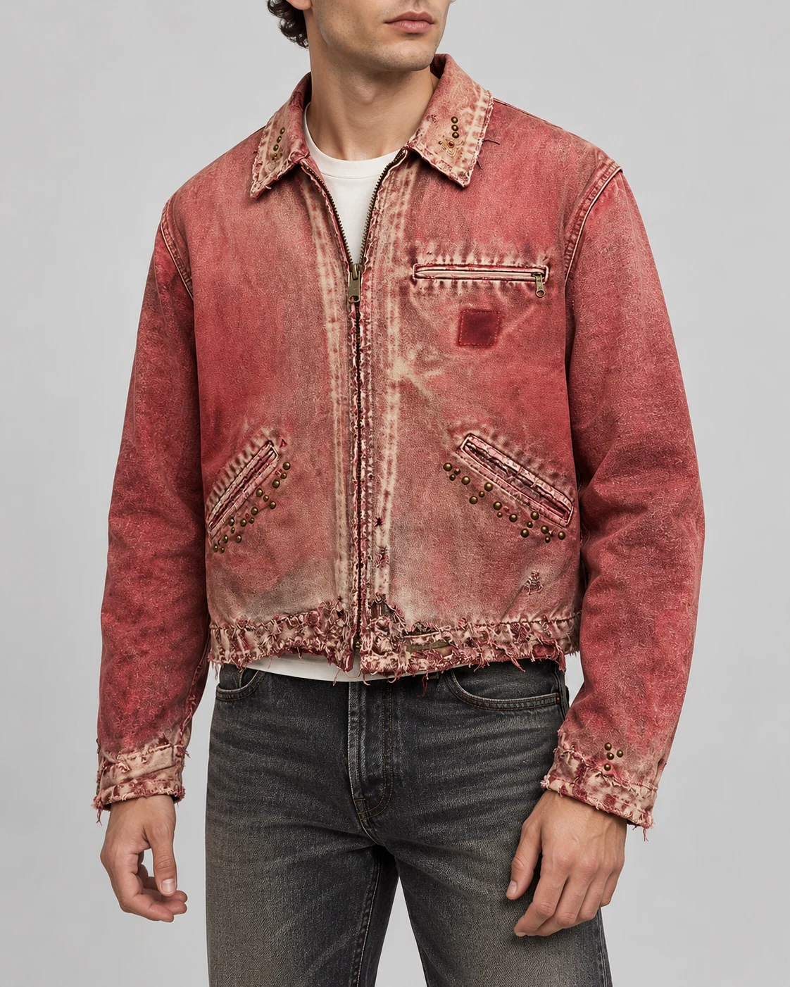 Red Studded Distressed Denim Jacket — AI design reference 3