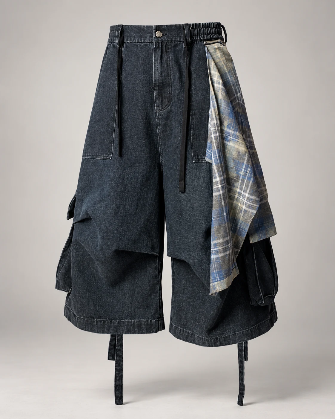 Deconstructed Plaid Panel Denim Shorts — AI design reference 1