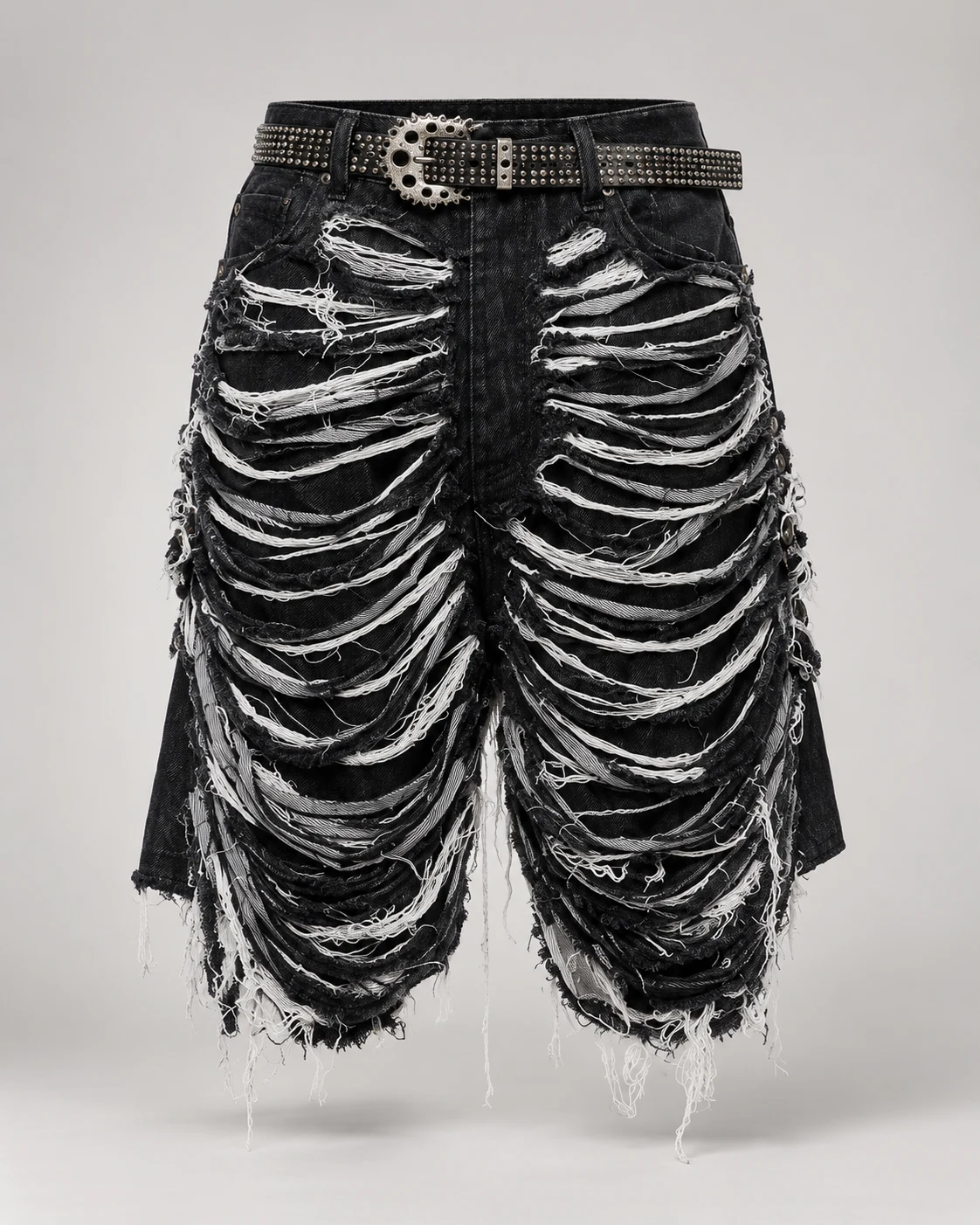Black Shredded Fringe Denim Shorts — AI design reference 1