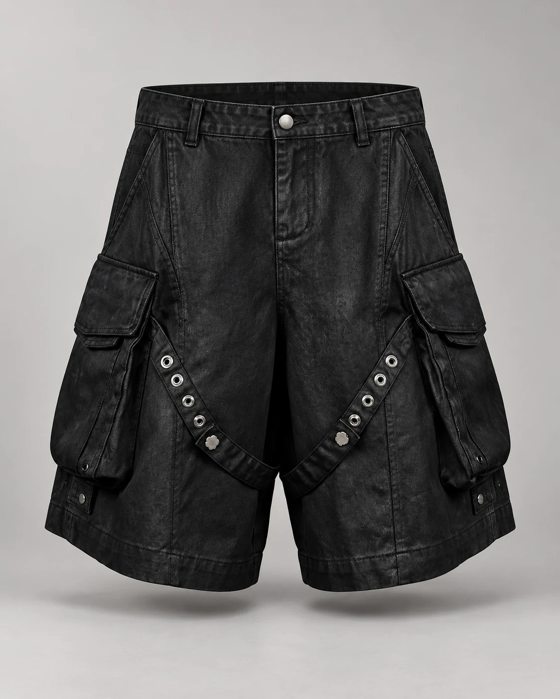 Black Eyelet Strap Cargo Shorts — AI design reference 1