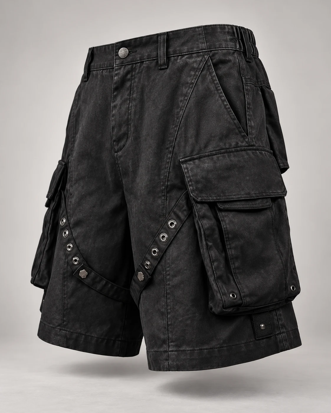 Black Eyelet Strap Cargo Shorts — AI design reference 3