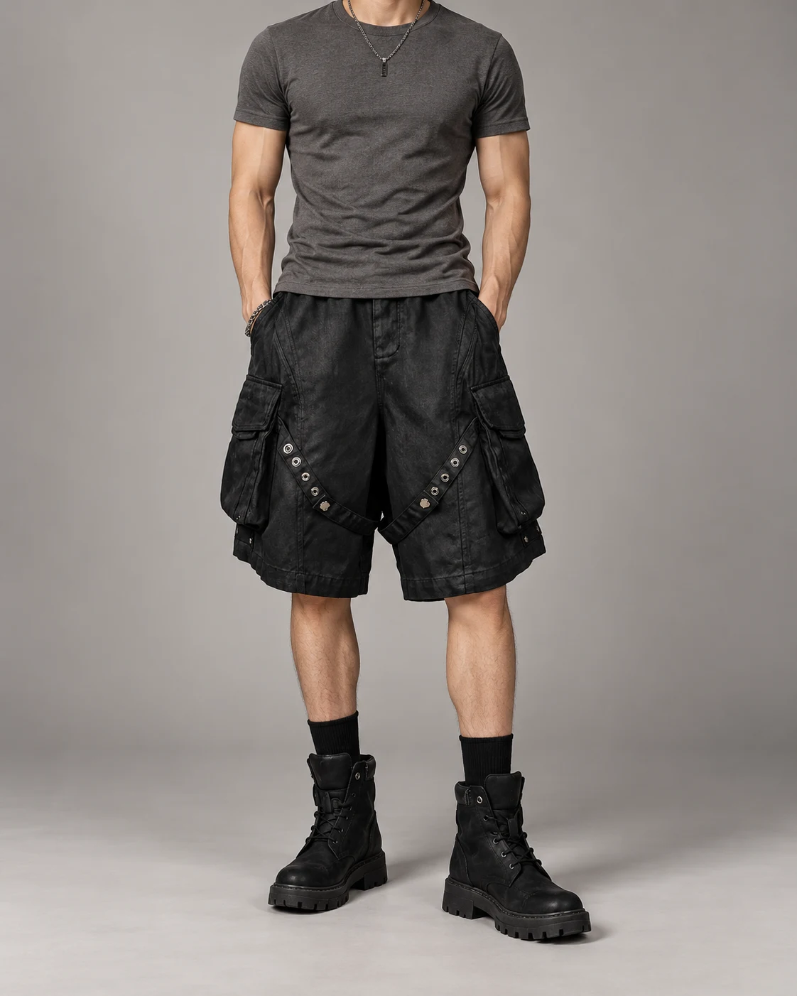Black Eyelet Strap Cargo Shorts — AI design reference 4
