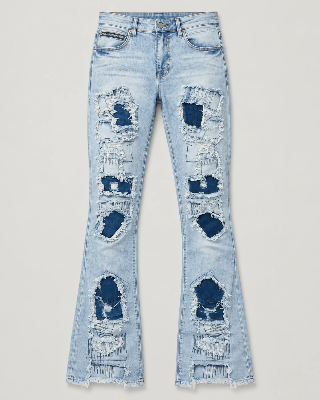 Light Wash Distressed Patch Flared Jeans — AI design reference 1