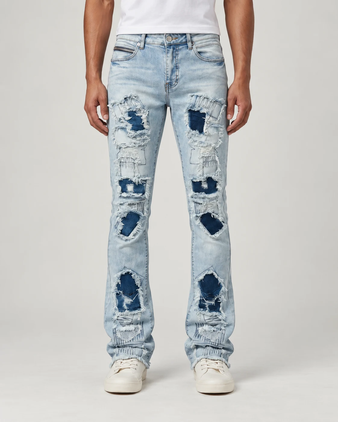 Light Wash Distressed Patch Flared Jeans — AI design reference 2