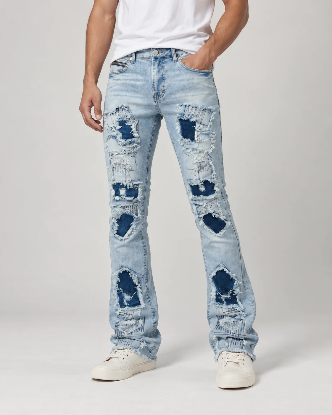 Light Wash Distressed Patch Flared Jeans — AI design reference 3