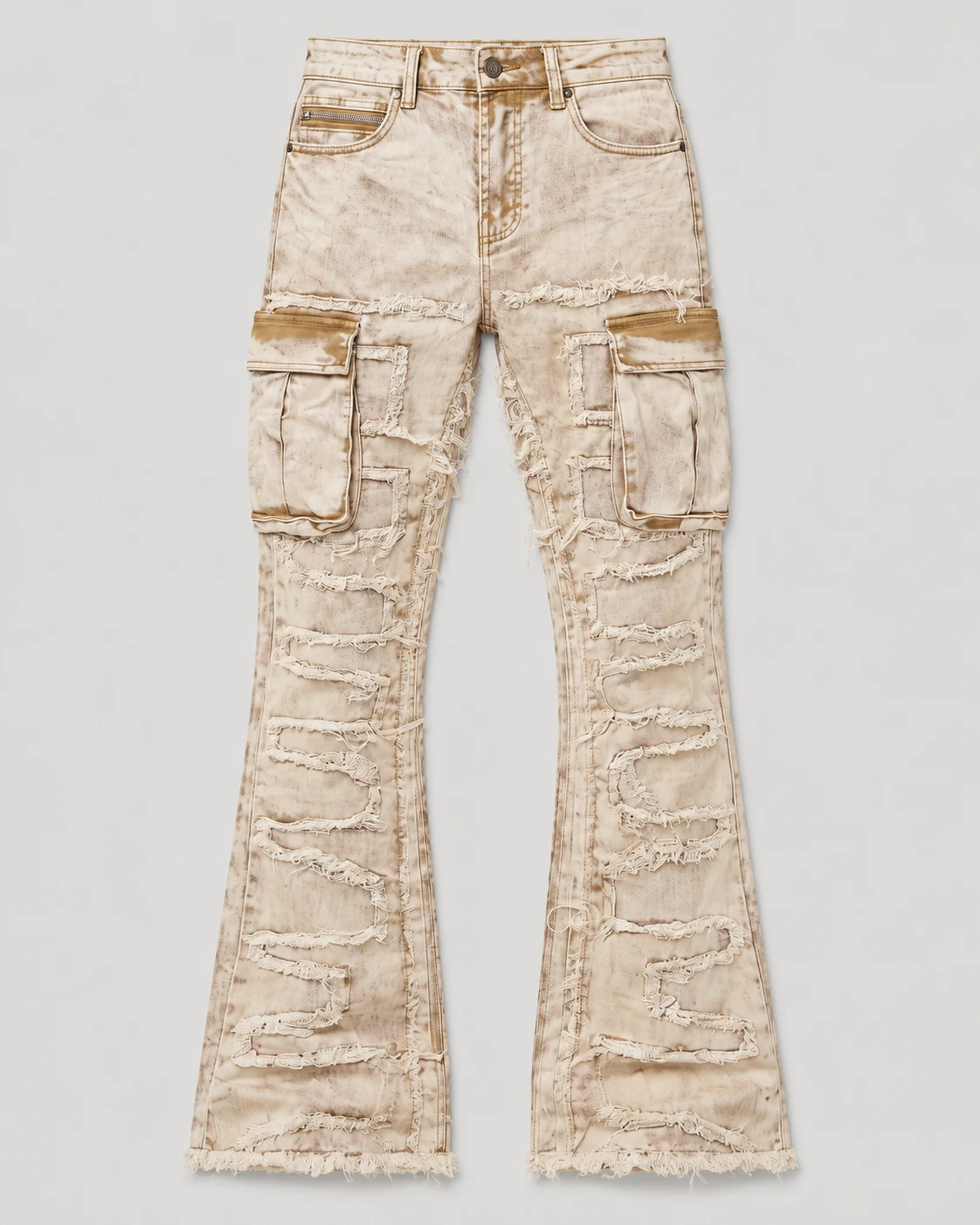 Beige Distressed Cargo Flared Jeans — AI design reference 1