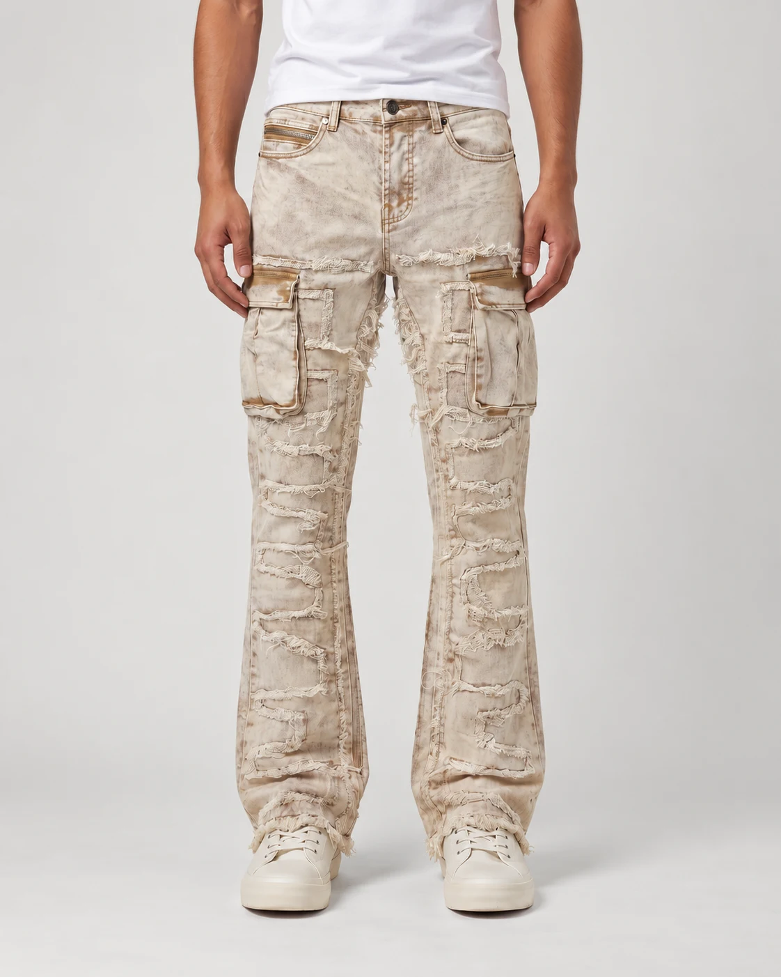 Beige Distressed Cargo Flared Jeans — AI design reference 2