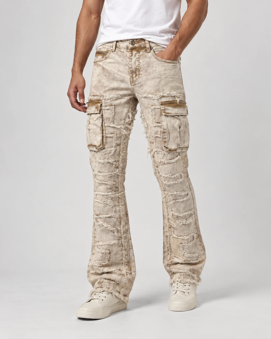 Beige Distressed Cargo Flared Jeans — AI design reference 3