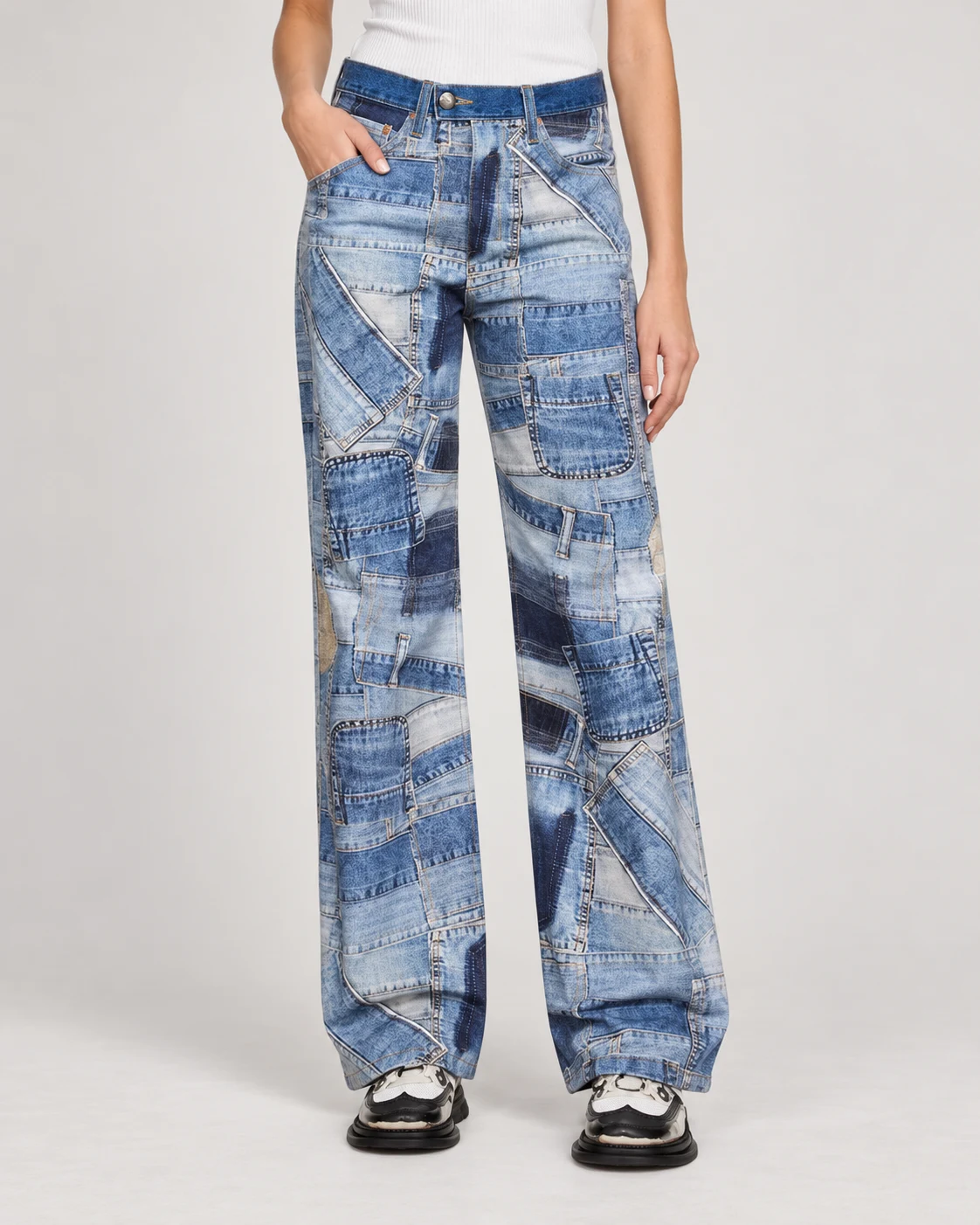 Digital Patchwork Print Wide-Leg Jeans — AI design reference 3