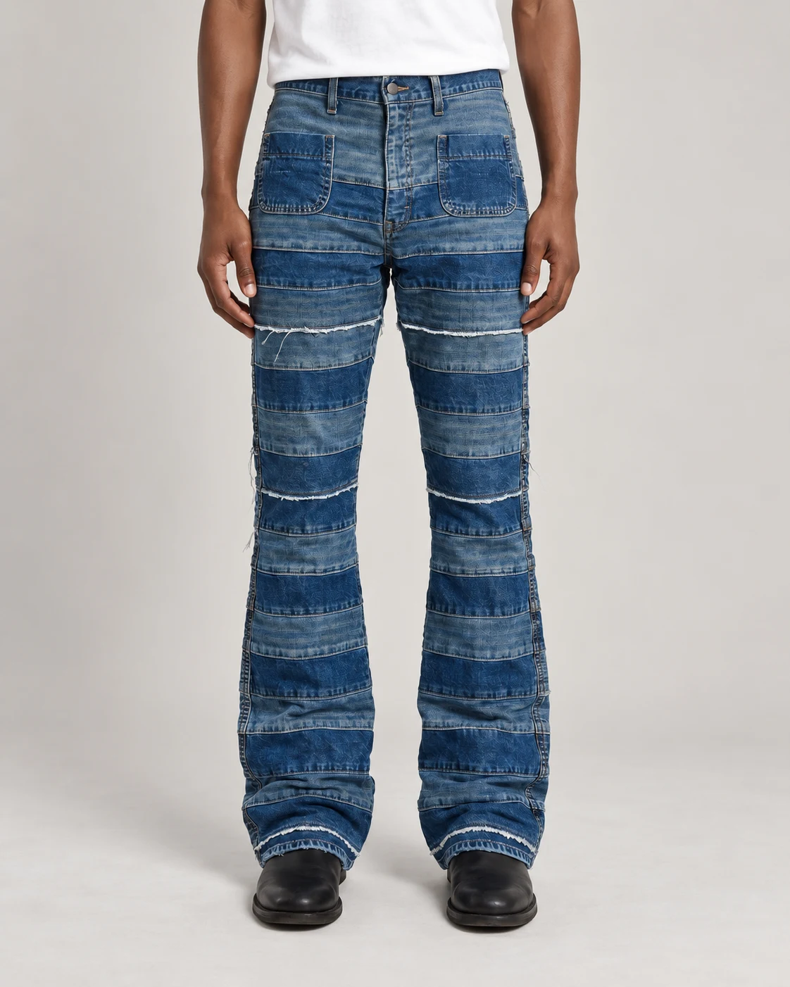 Blue Horizontal Patchwork Flared Jeans — AI design reference 2