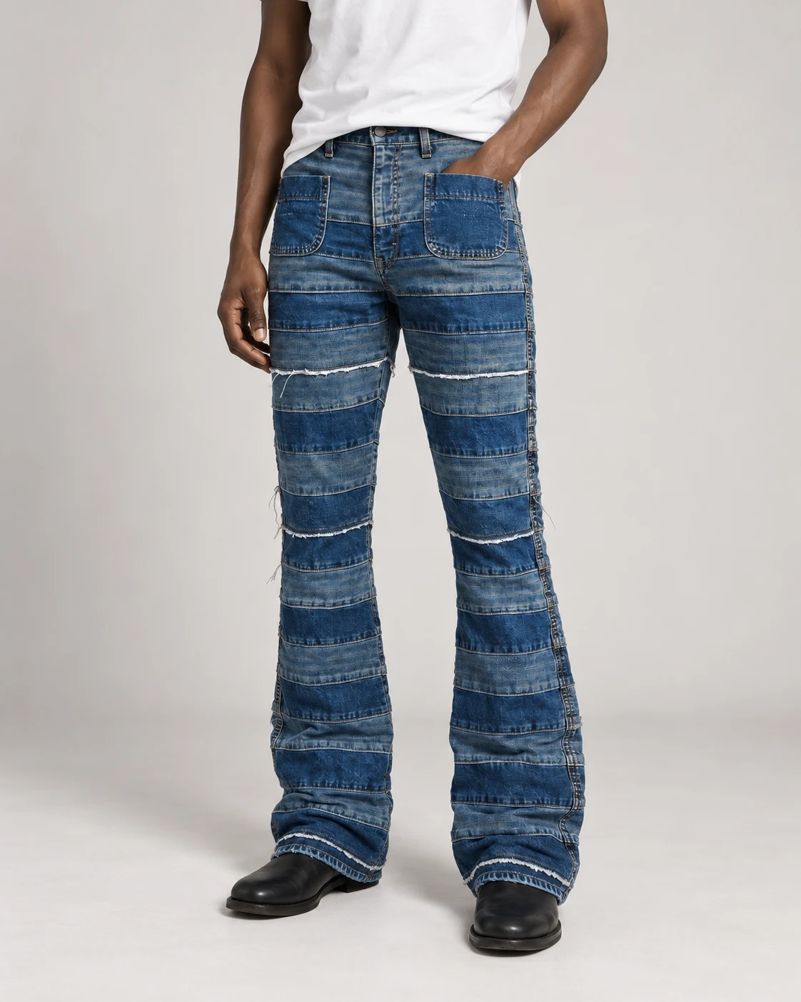 Blue Horizontal Patchwork Flared Jeans — AI design reference 3