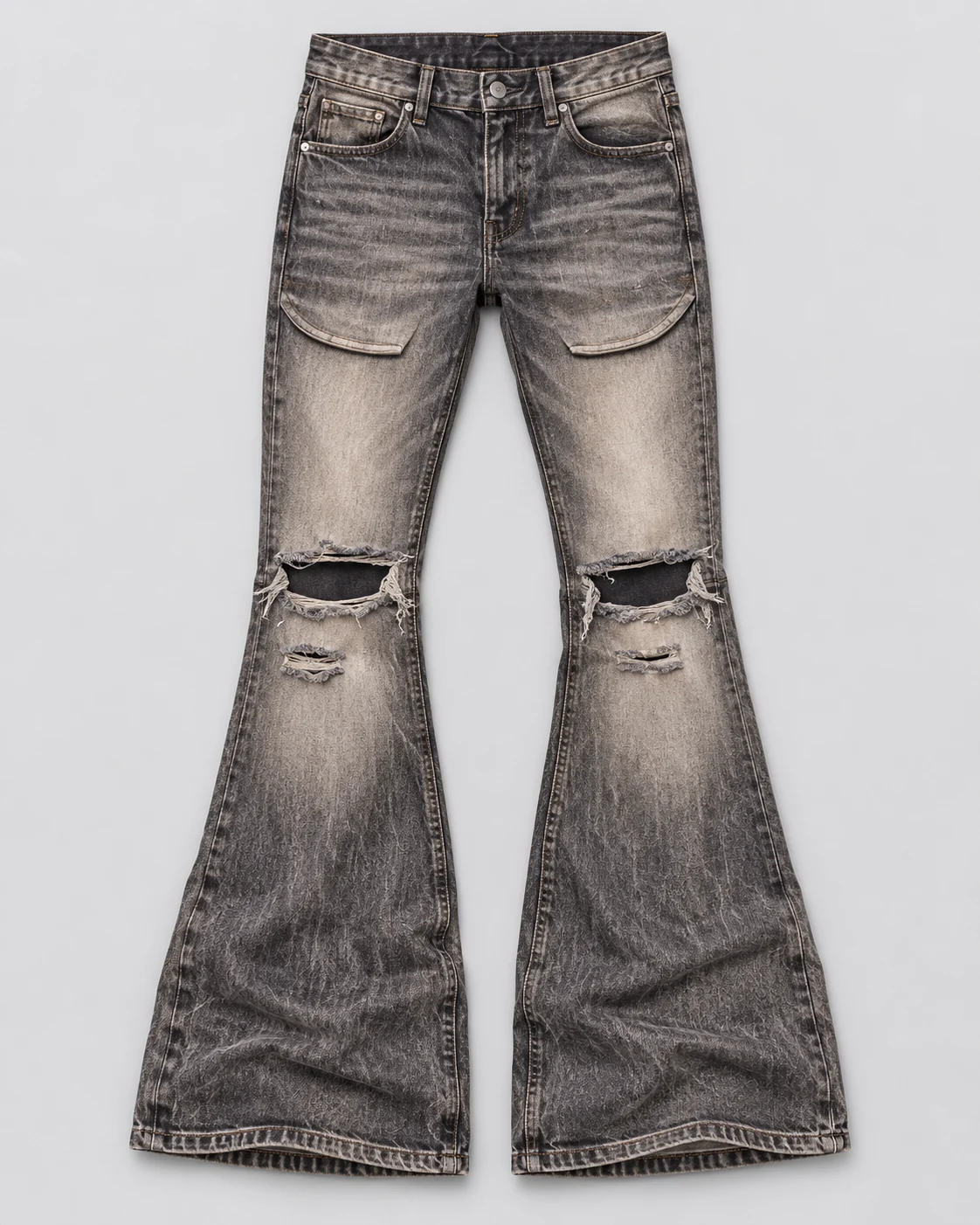 Ash Grey Distressed Flap-Pocket Flared Jeans — AI design reference 1
