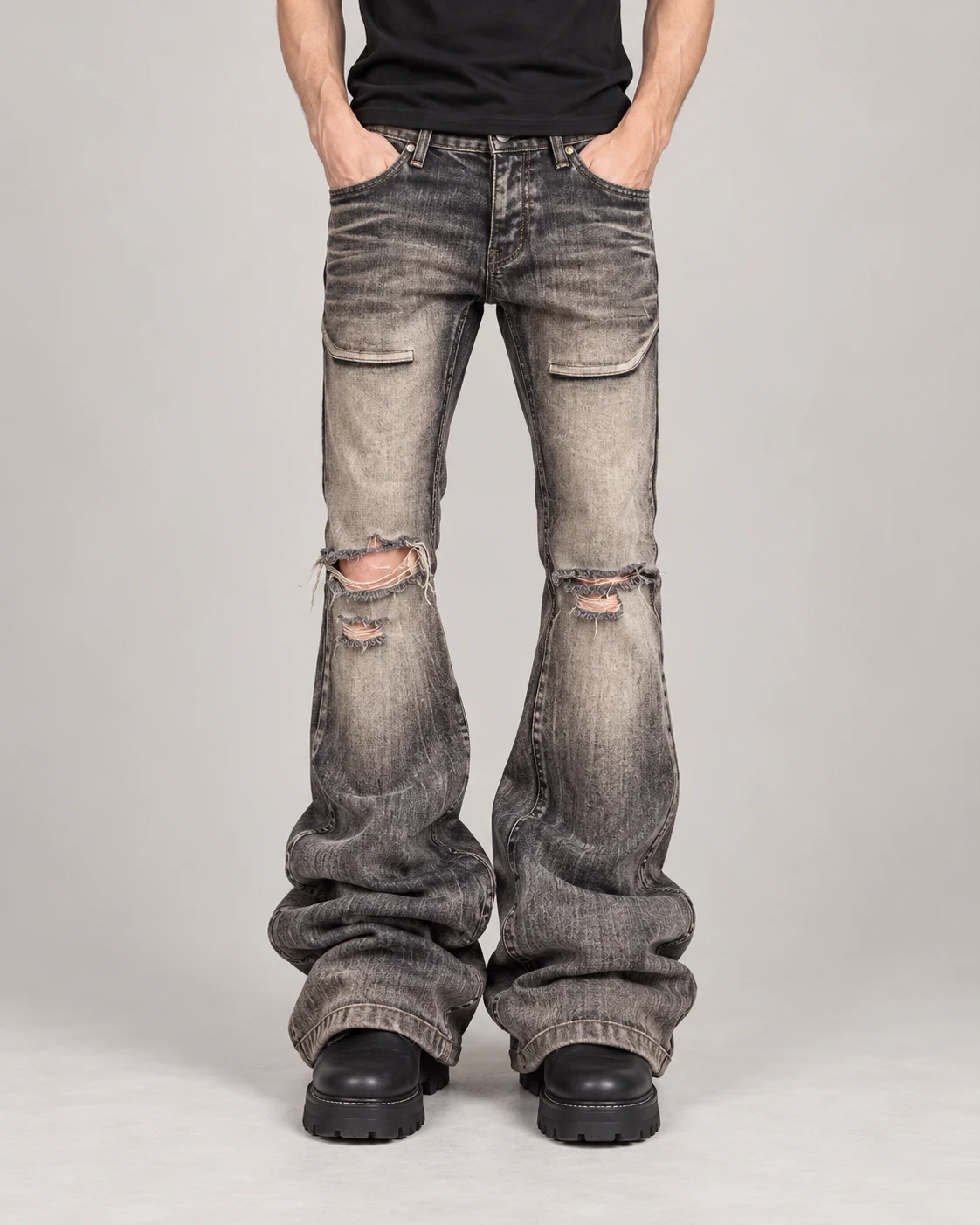 Ash Grey Distressed Flap-Pocket Flared Jeans — AI design reference 2