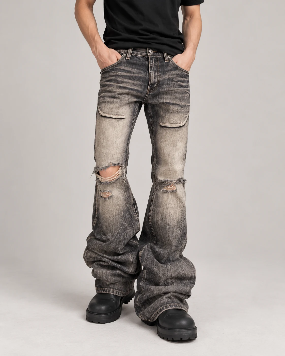 Ash Grey Distressed Flap-Pocket Flared Jeans — AI design reference 3