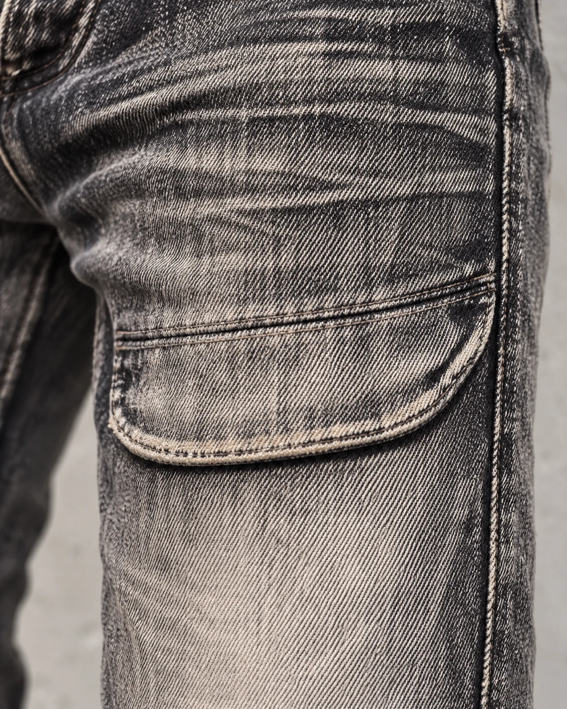 Ash Grey Distressed Flap-Pocket Flared Jeans — AI design reference 4