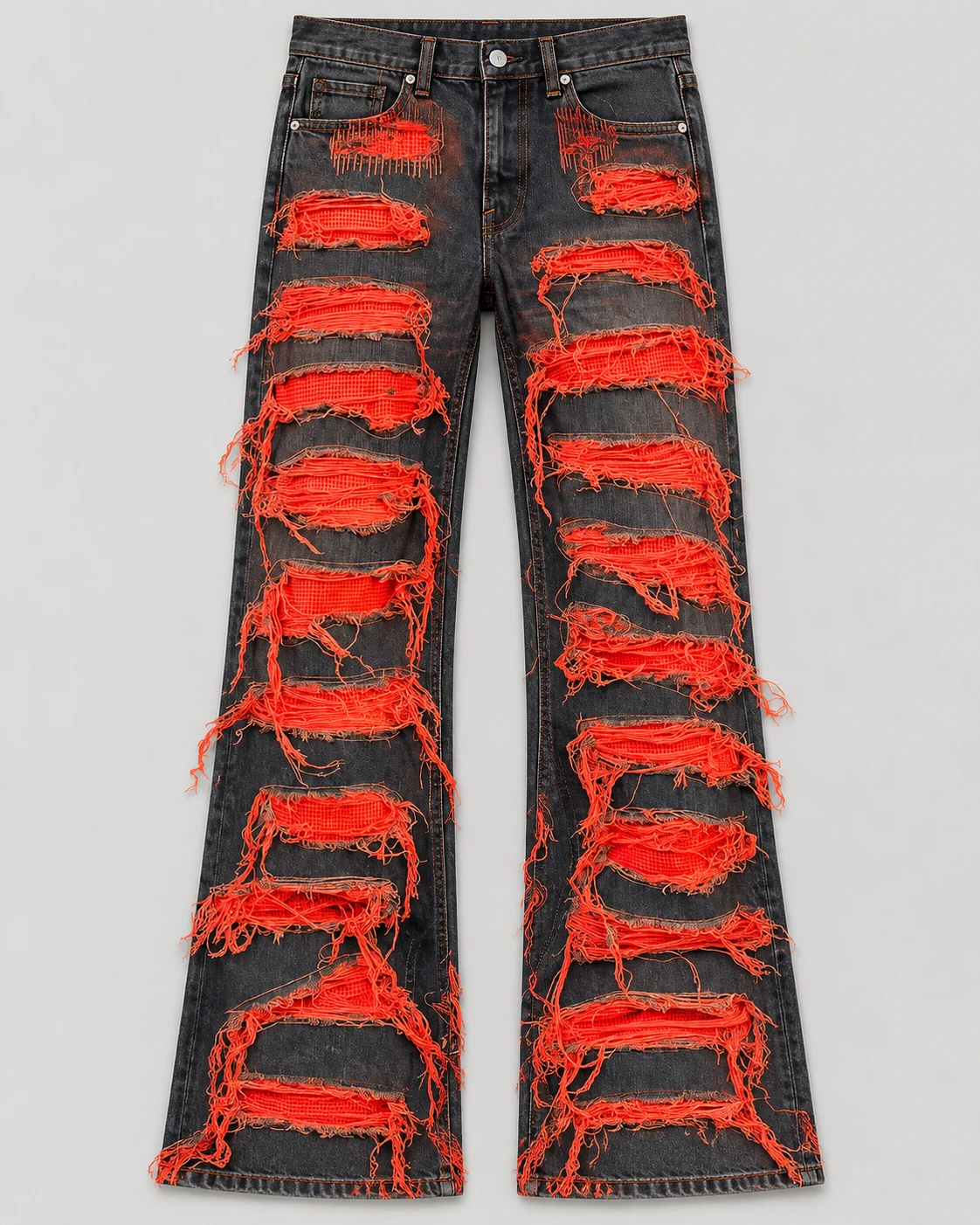 Black and Red Frayed Patchwork Flared Jeans — AI design reference 1