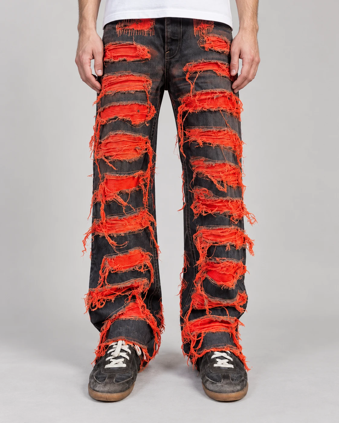 Black and Red Frayed Patchwork Flared Jeans — AI design reference 2