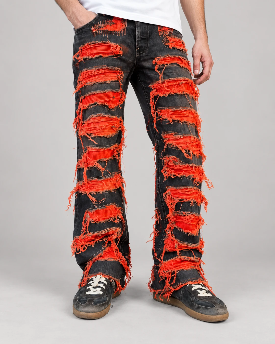 Black and Red Frayed Patchwork Flared Jeans — AI design reference 3