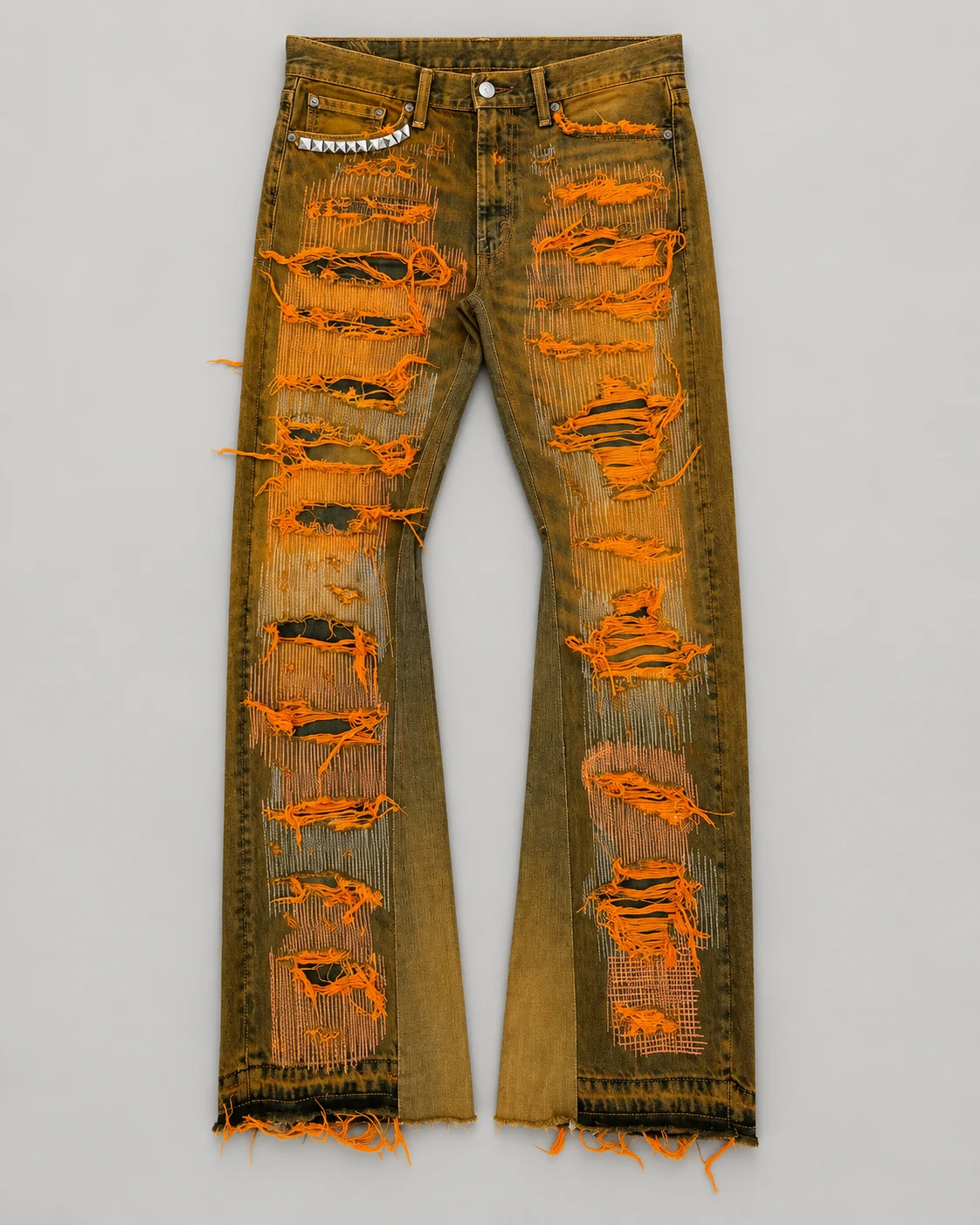 Mud Yellow Distressed Flared Jeans — AI design reference 1