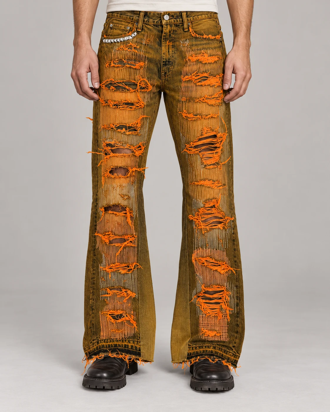 Mud Yellow Distressed Flared Jeans — AI design reference 2