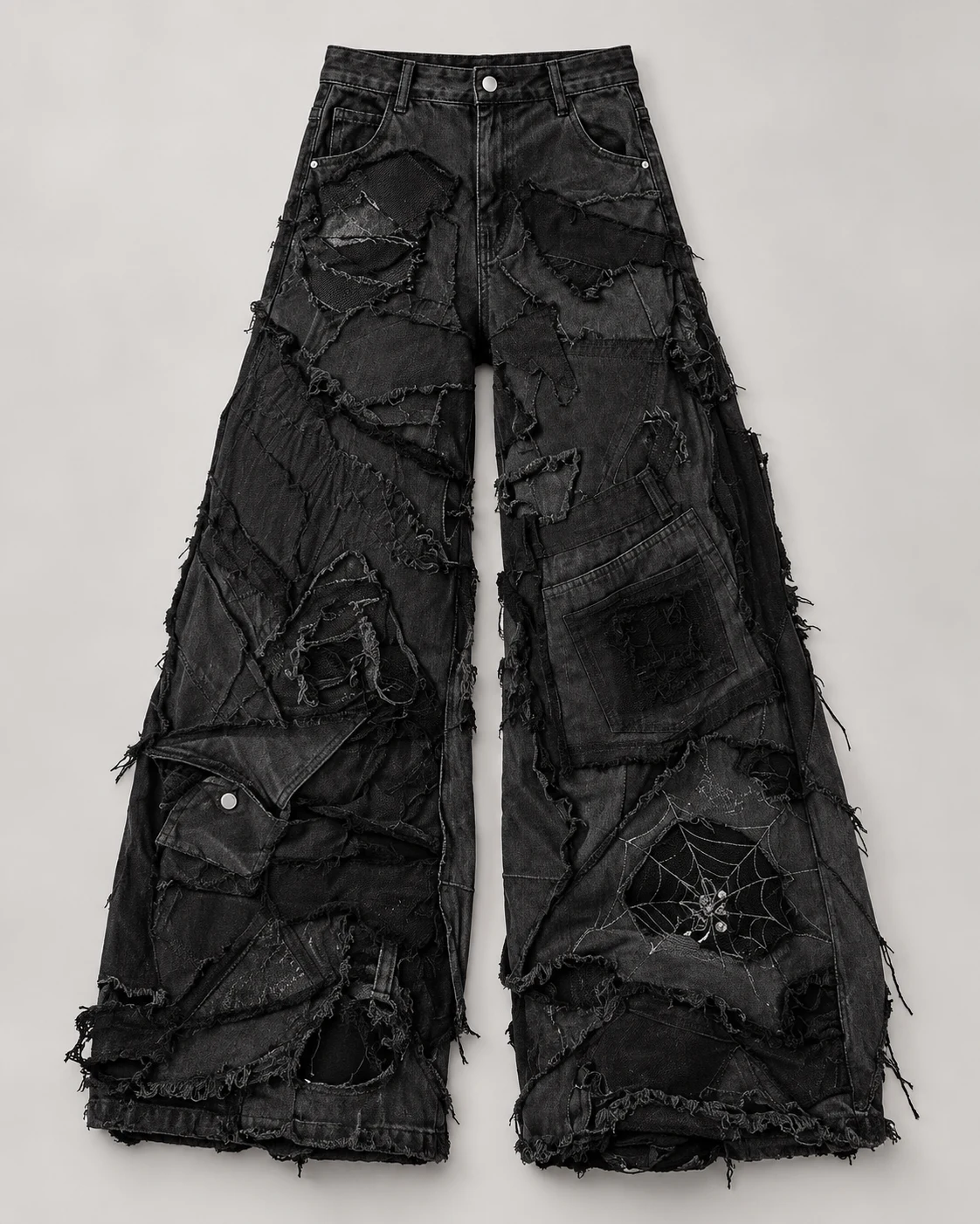 Black Frayed Patchwork Wide-Leg Jeans — AI design reference 1