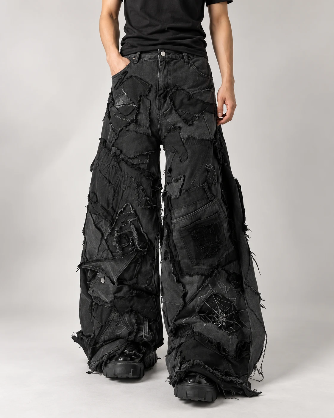 Black Frayed Patchwork Wide-Leg Jeans — AI design reference 2