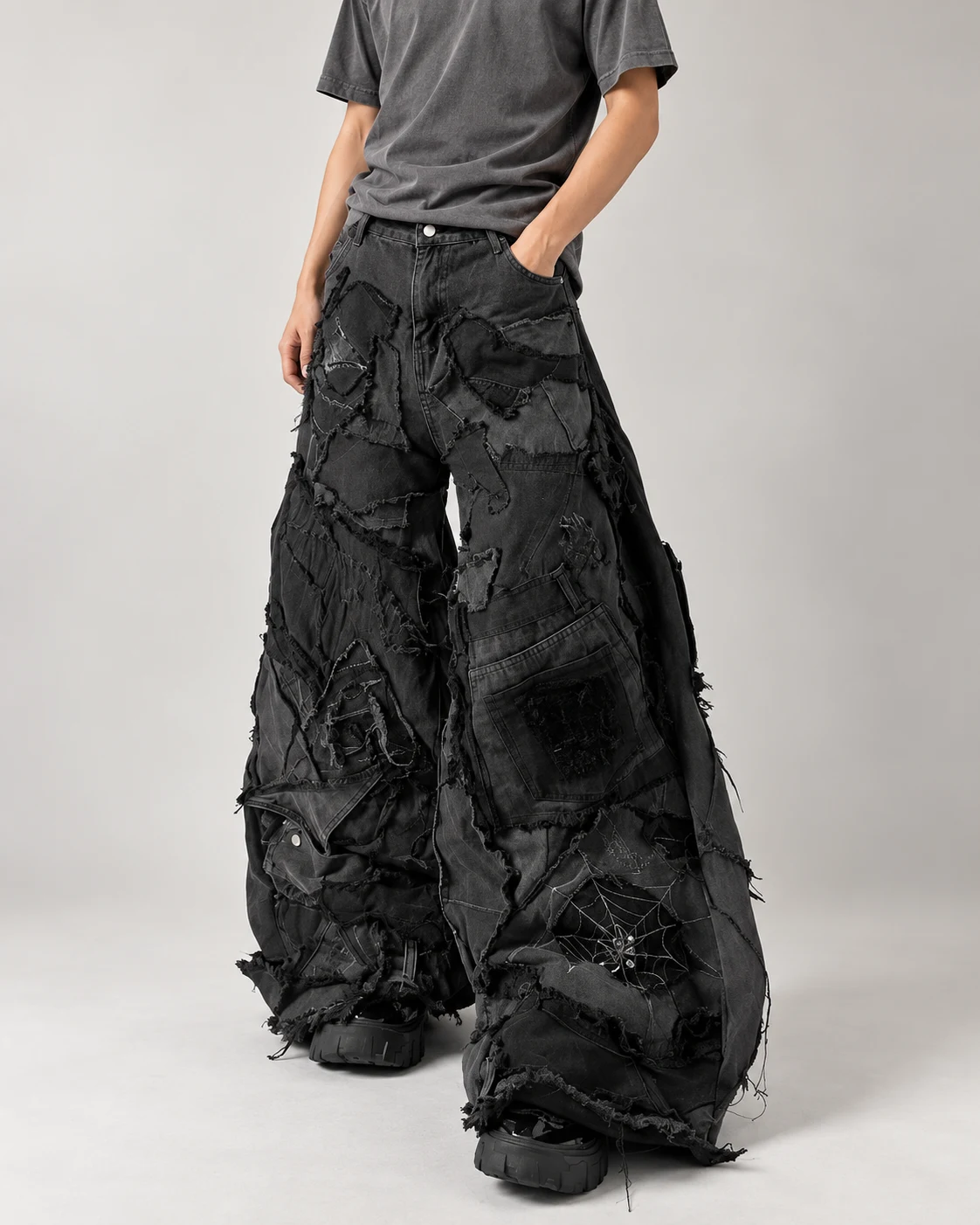 Black Frayed Patchwork Wide-Leg Jeans — AI design reference 3