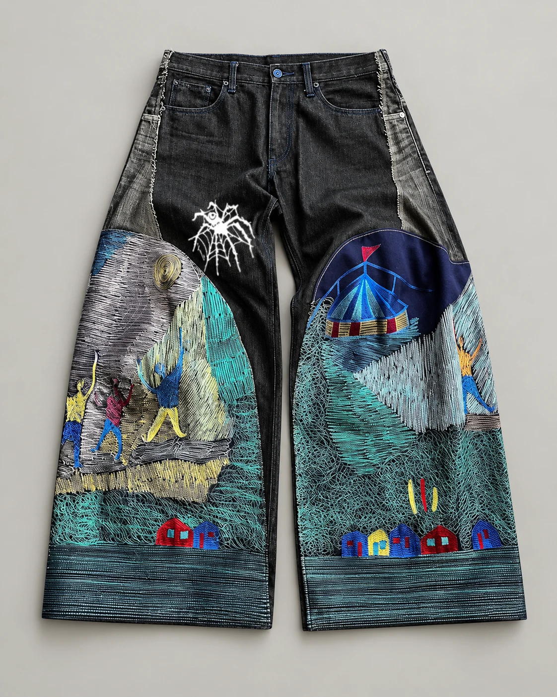 Black Wide-Leg Jeans with Teal Embroidery — AI design reference 1