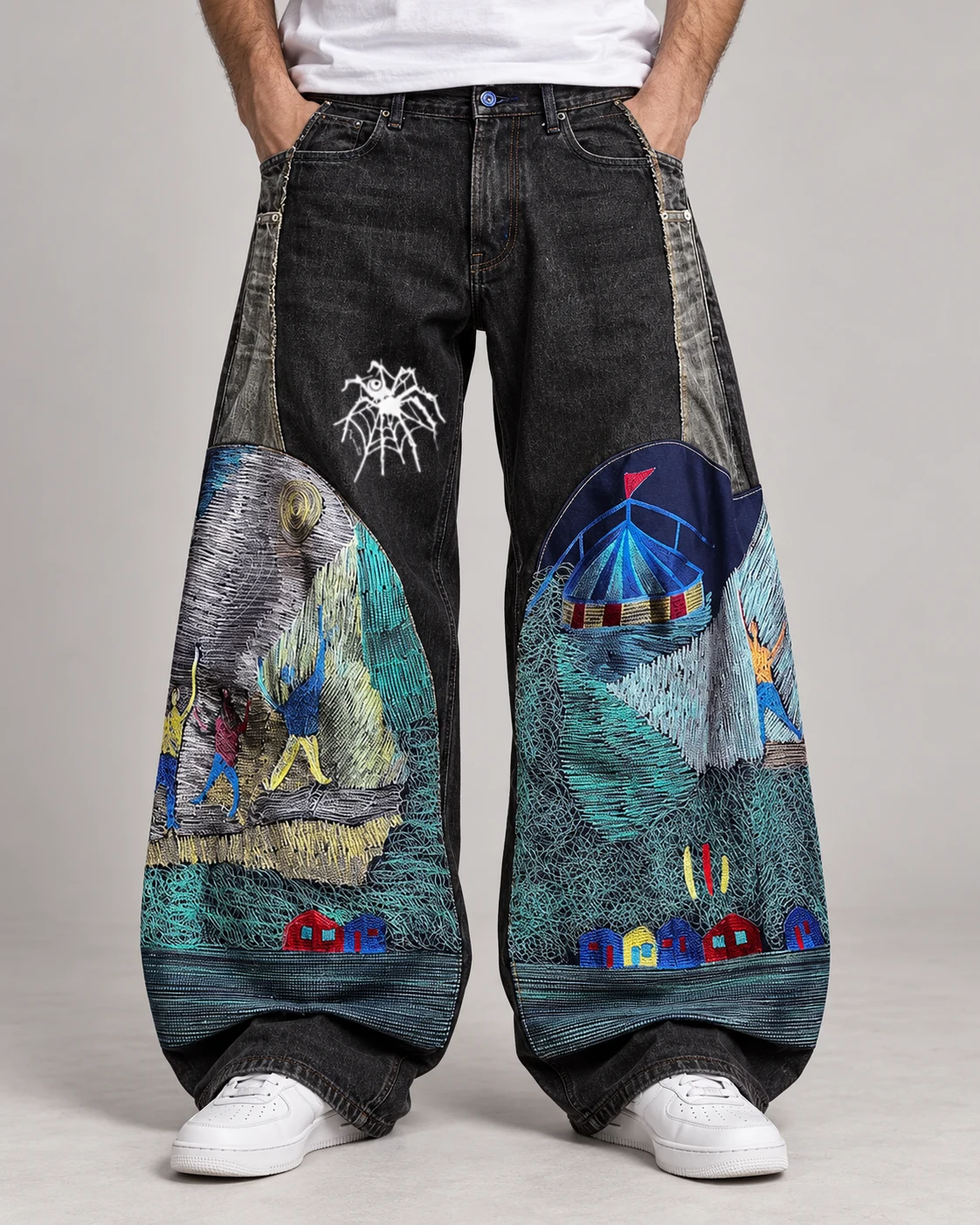 Black Wide-Leg Jeans with Teal Embroidery — AI design reference 2