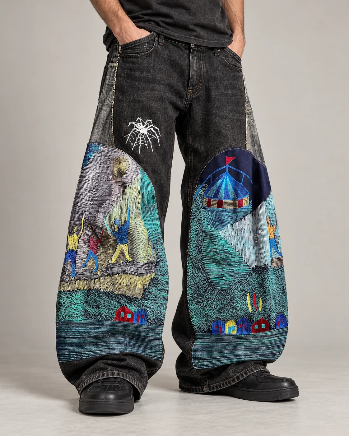 Black Wide-Leg Jeans with Teal Embroidery — AI design reference 3