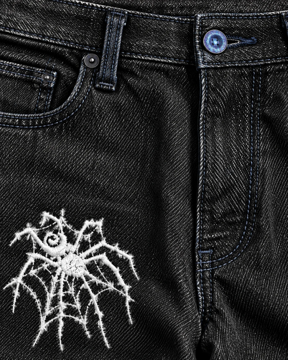Black Wide-Leg Jeans with Teal Embroidery — AI design reference 4