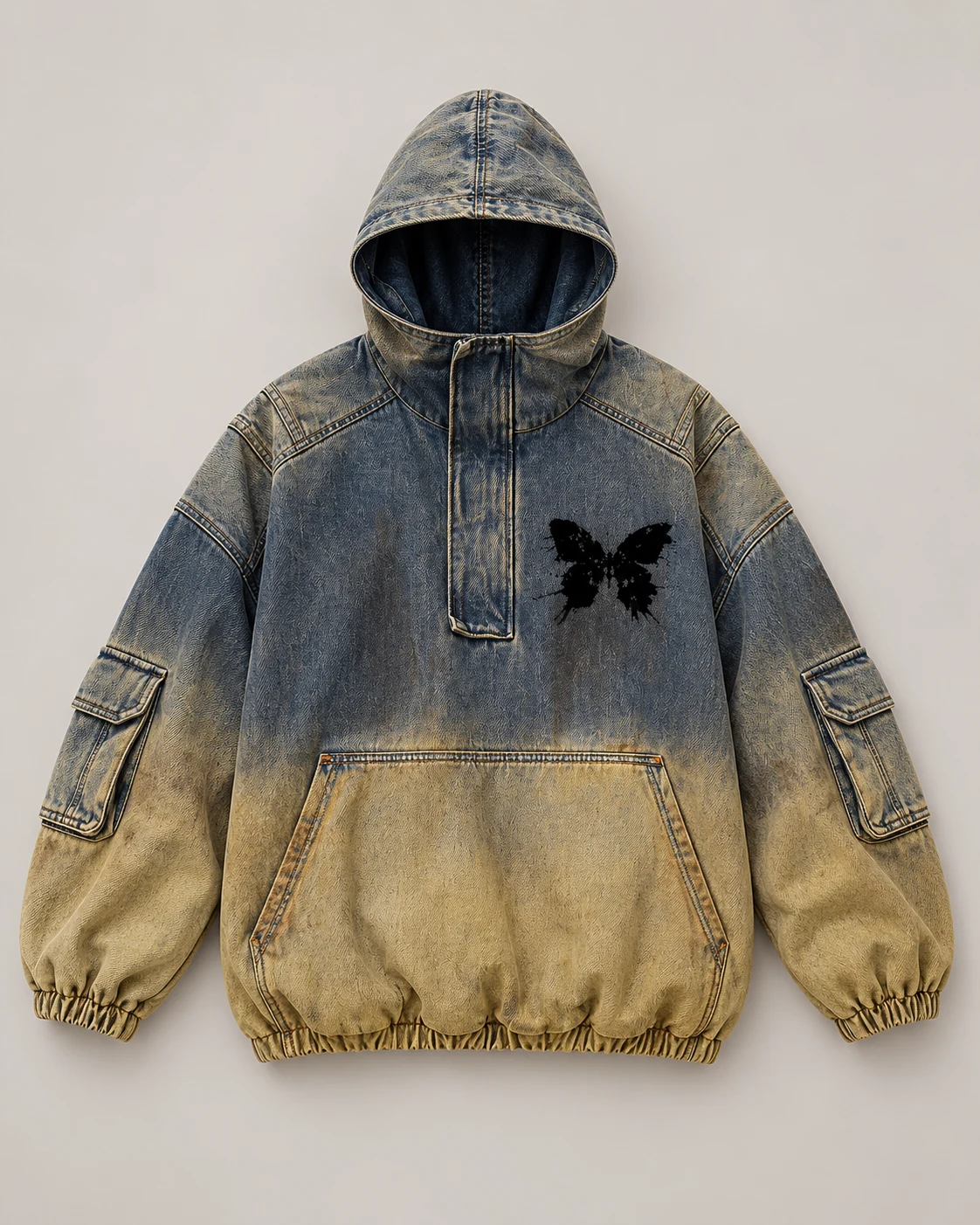 Blue-Ochre Washed Denim Hooded Pullover — AI design reference 1