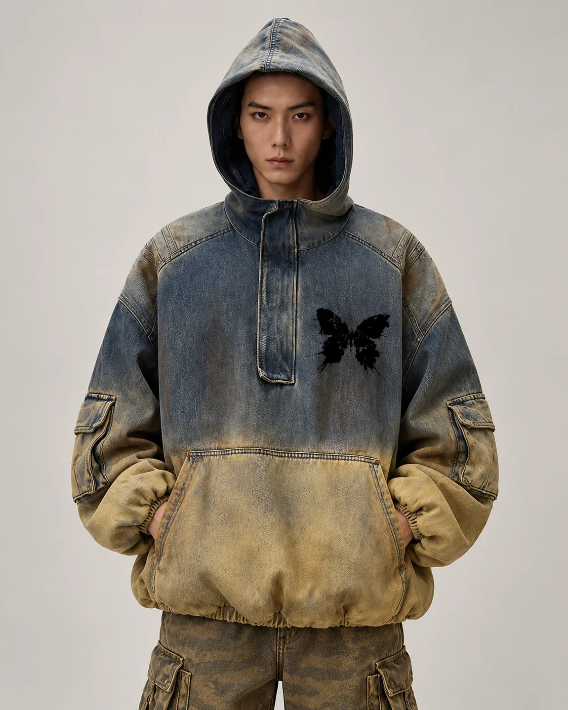 Blue-Ochre Washed Denim Hooded Pullover — AI design reference 2