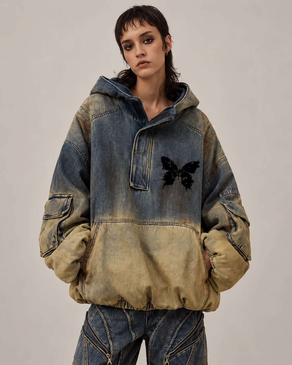 Blue-Ochre Washed Denim Hooded Pullover — AI design reference 3