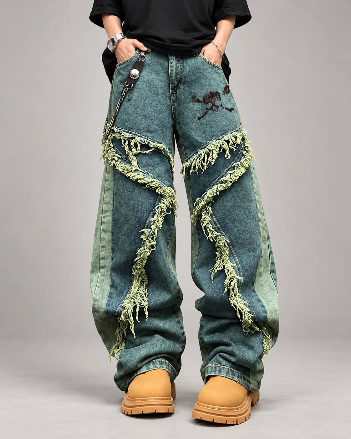 Blue-Green Frayed-Panel Wide-Leg Jeans — AI design reference 2