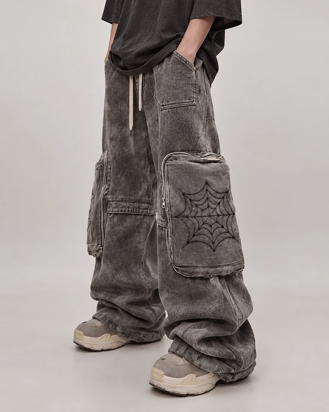 Grey Spiderweb-Pocket Utility Jeans — AI design reference 1