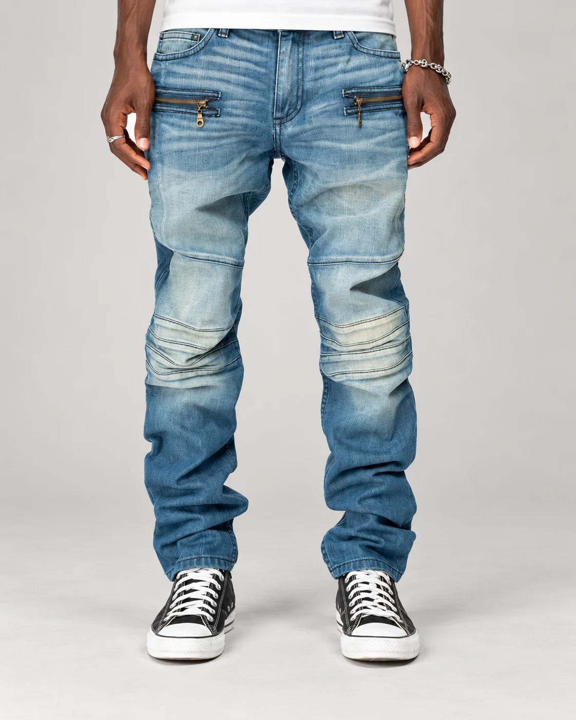 Blue Articulated-Panel Biker Jeans — AI design reference 1