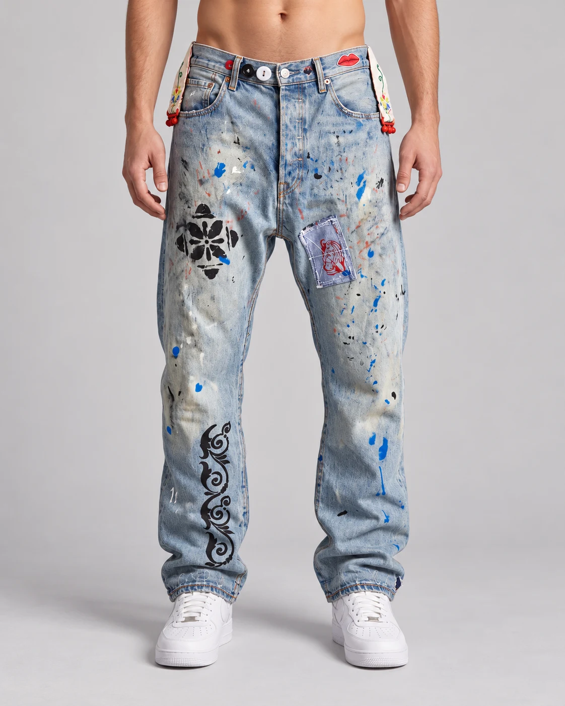 Painted Patchwork Drop-Crotch Jeans — AI design reference 1