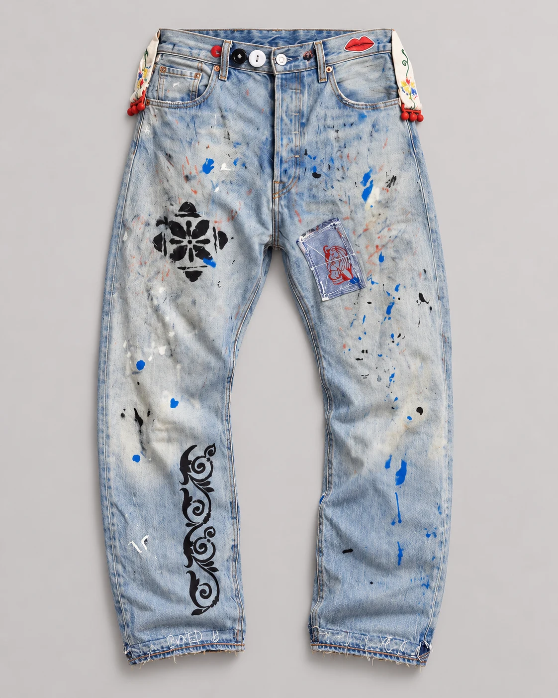 Painted Patchwork Drop-Crotch Jeans — AI design reference 2