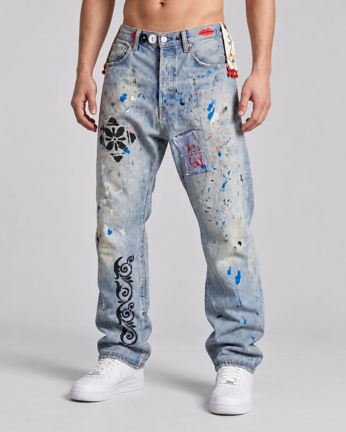 Painted Patchwork Drop-Crotch Jeans — AI design reference 3